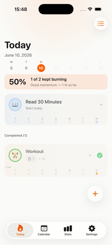 Stoke Today screen showing daily habits and streaks